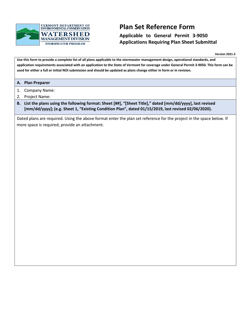 Plan Set Reference Form Applicable to General Permit 3-9050 - Vermont, Page 1