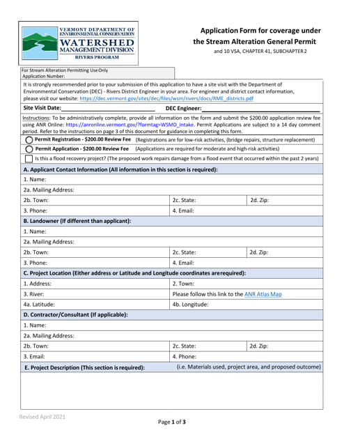 Application Form for Coverage Under the Stream Alteration General Permit - Vermont Download Pdf