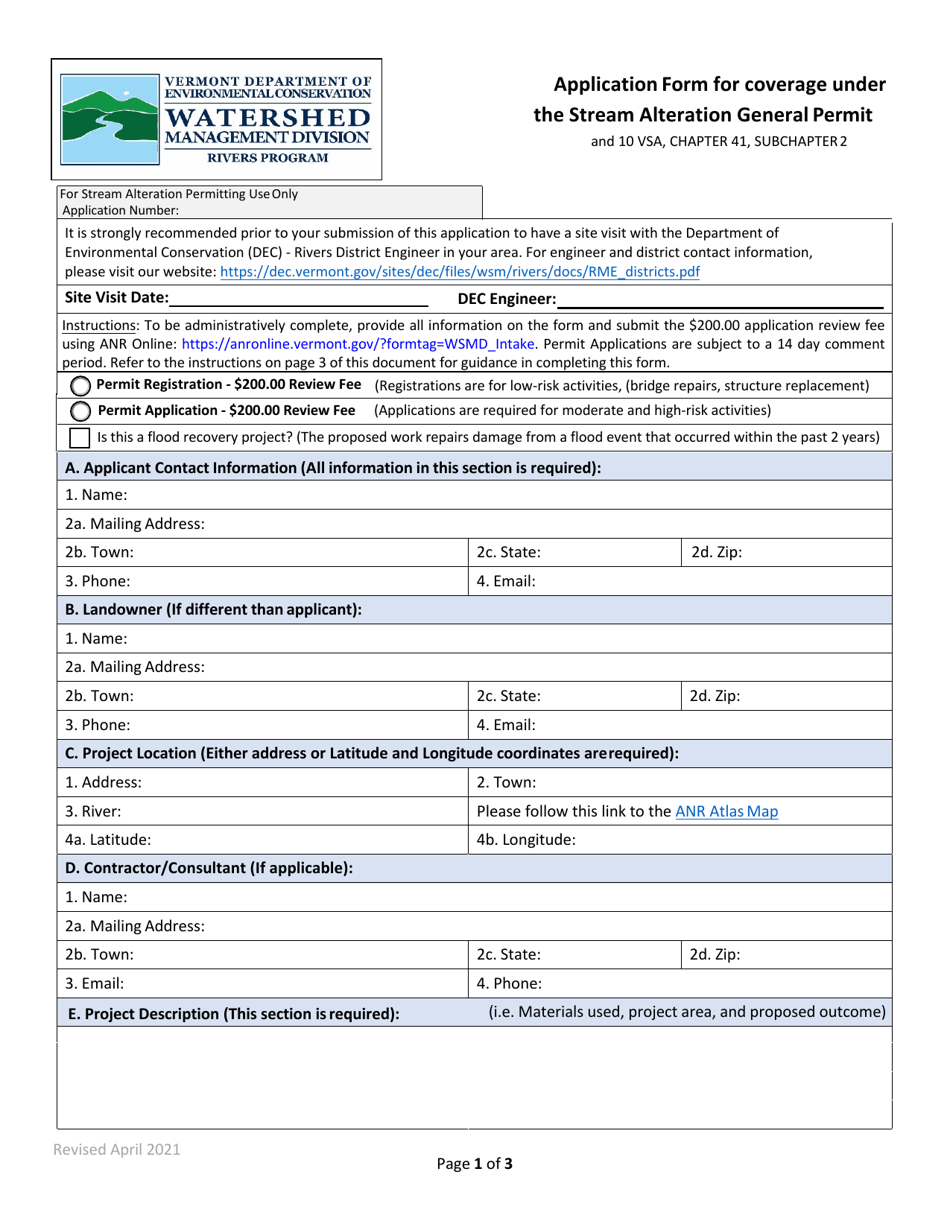 Application Form for Coverage Under the Stream Alteration General Permit - Vermont, Page 1