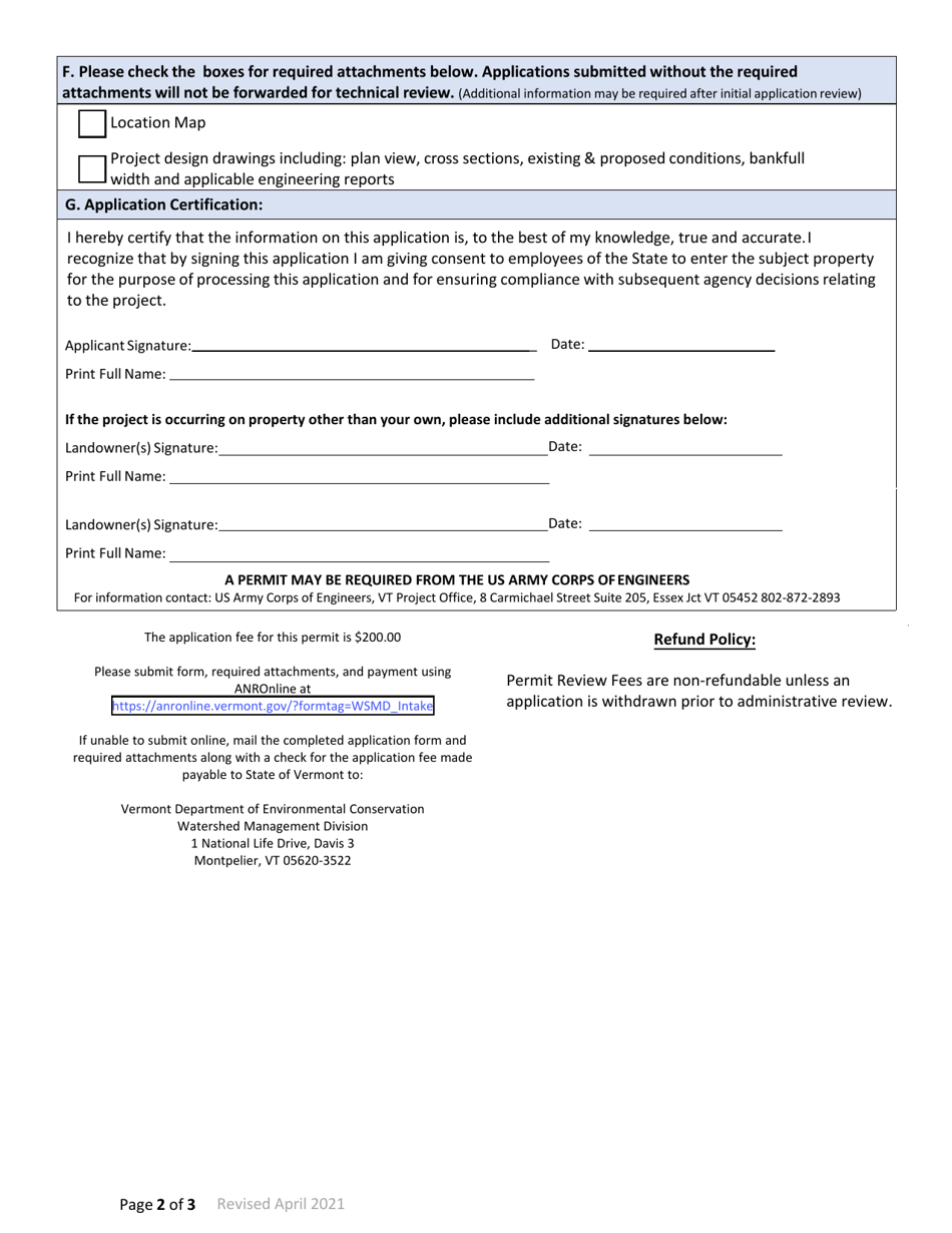 Application Form for Coverage Under the Stream Alteration General Permit - Vermont, Page 2
