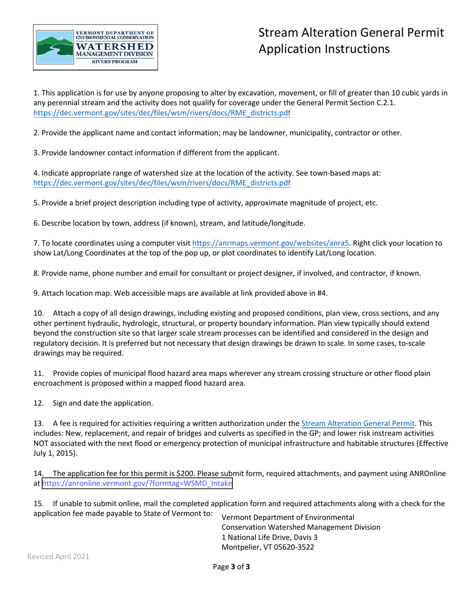Vermont Application Form for Coverage Under the Stream Alteration