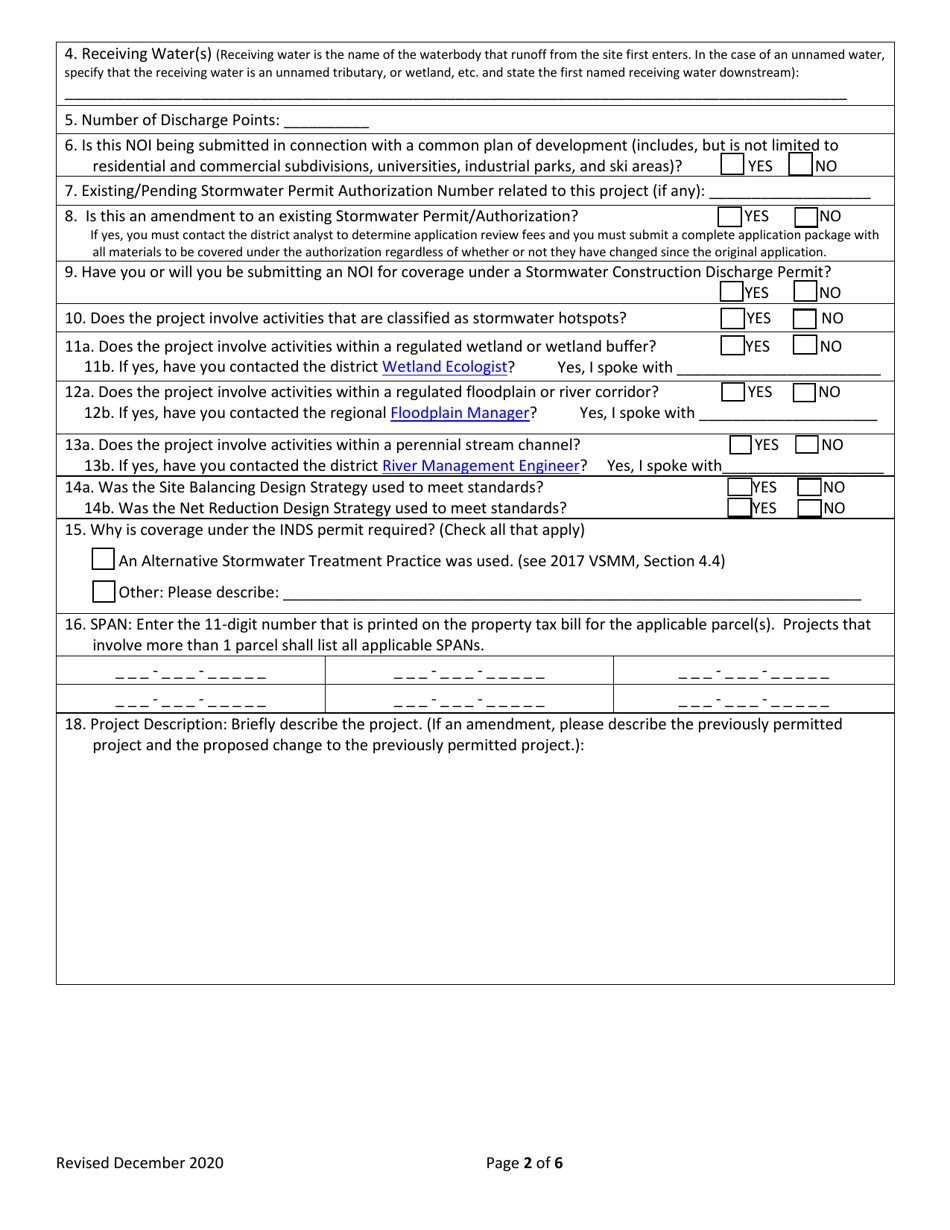Notice of Intent (Noi) to Apply for Individual Stormwater Discharge Permit (Inds) - Vermont, Page 2