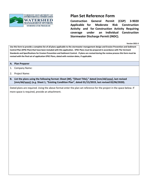 Plan Set Reference Form - Construction General Permit (Cgp) 3-9020 Applicable for Moderate Risk Construction Activity and for Construction Activity Requiring Coverage Under an Individual Construction Stormwater Discharge Permit (Indc) - Vermont Download Pdf