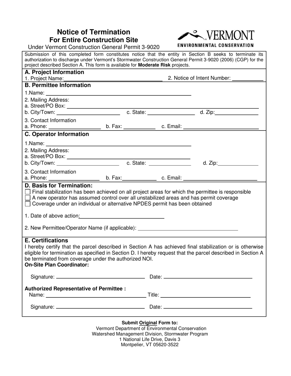 Notice of Termination for Entire Construction Site Under Vermont Construction General Permit 3-9020 - Vermont, Page 1