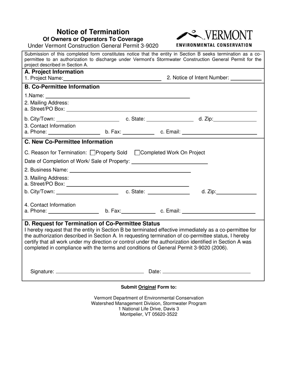 Vermont Notice of Termination of Owners or Operators to Coverage Under