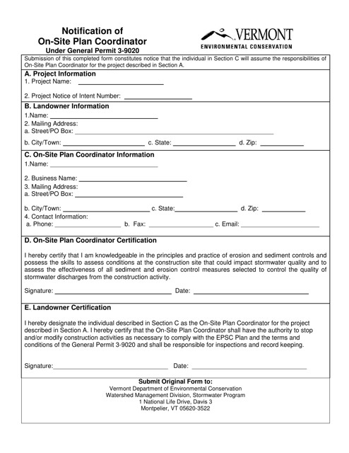 Notification of on-Site Plan Coordinator Under General Permit 3-9020 - Vermont