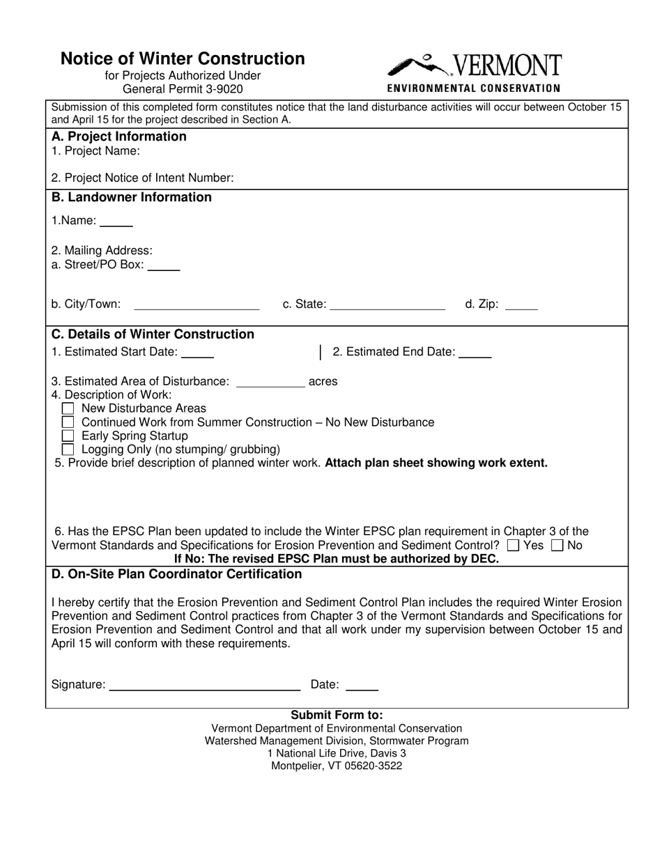 Notice of Winter Construction for Projects Authorized Under General Permit 3-9020 - Vermont, Page 1