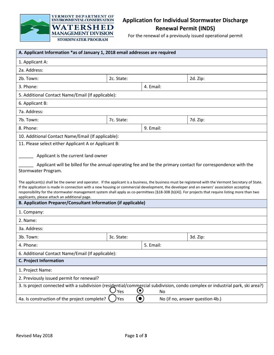 Application for Individual Stormwater Discharge Renewal Permit (Inds) - Vermont, Page 1