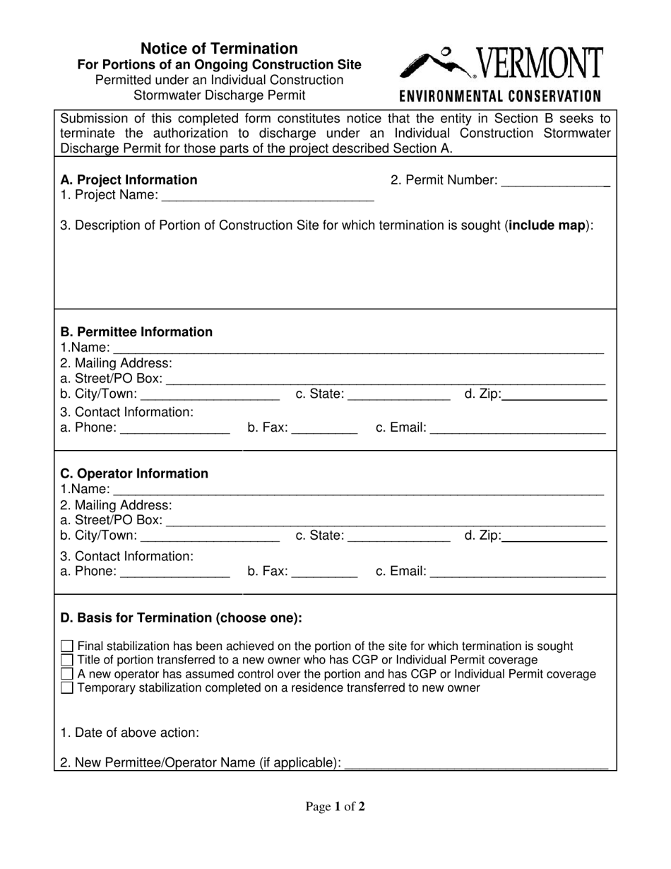 Notice of Termination for Portions of an Ongoing Construction Site Permitted Under an Individual Construction Stormwater Discharge Permit - Vermont, Page 1