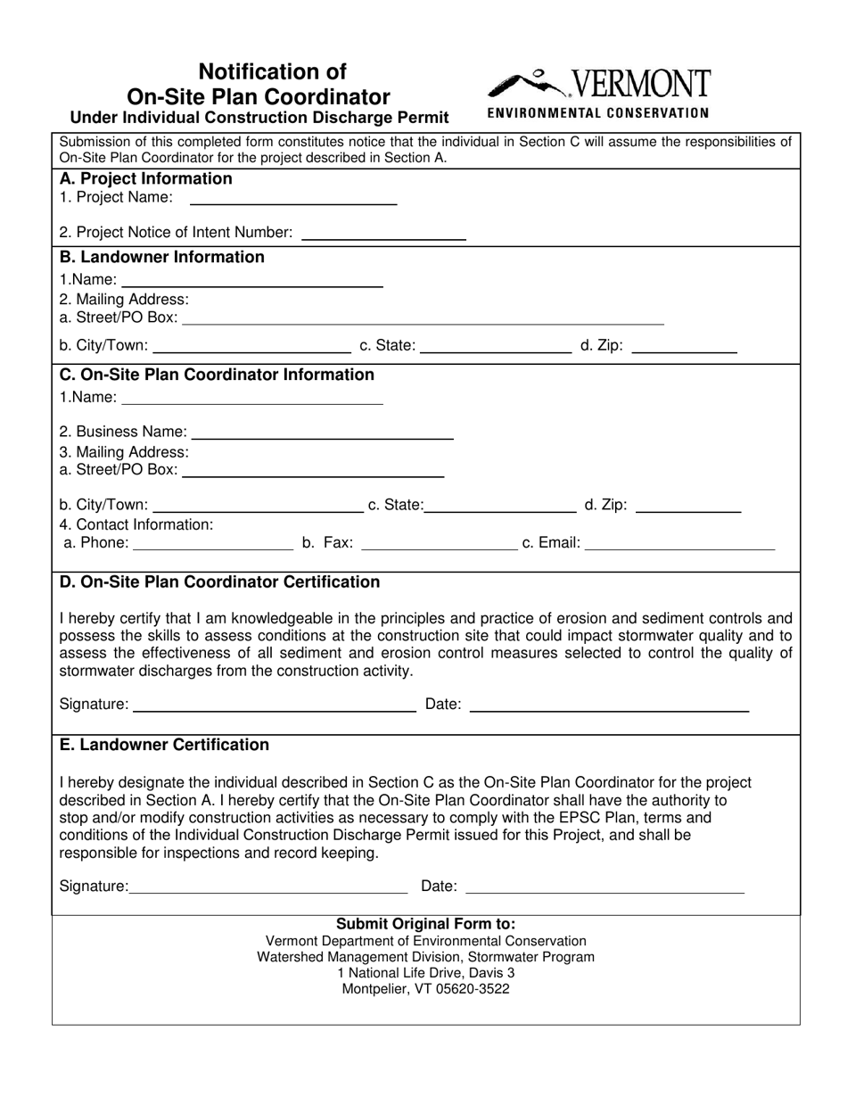 Notification of on-Site Plan Coordinator Under Individual Construction Discharge Permit - Vermont, Page 1