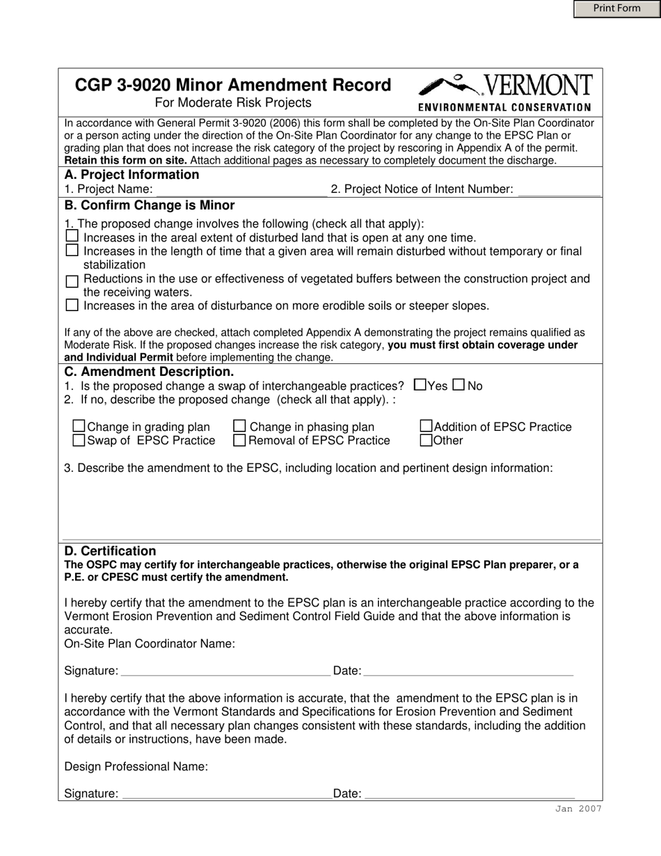 Cgp 3-9020 Minor Amendment Record for Moderate Risk Projects - Vermont, Page 1