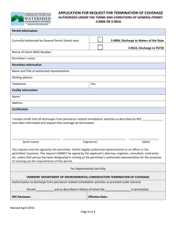 Document preview: Application for Request for Termination of Coverage Authorized Under the Terms and Conditions of General Permit 3-9004 or 3-9016 - Vermont