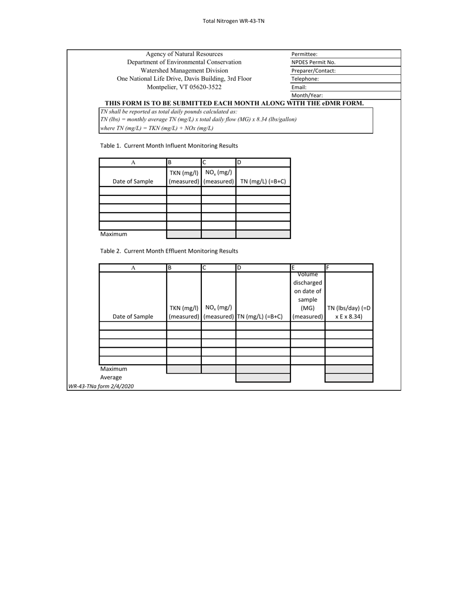 Form WR-43-TN Total Nitrogen Monitoring Report Form - Vermont, Page 1