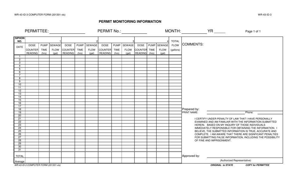 Form WR-43-ID-3 Permit Monitoring Information Form - Vermont, Page 1