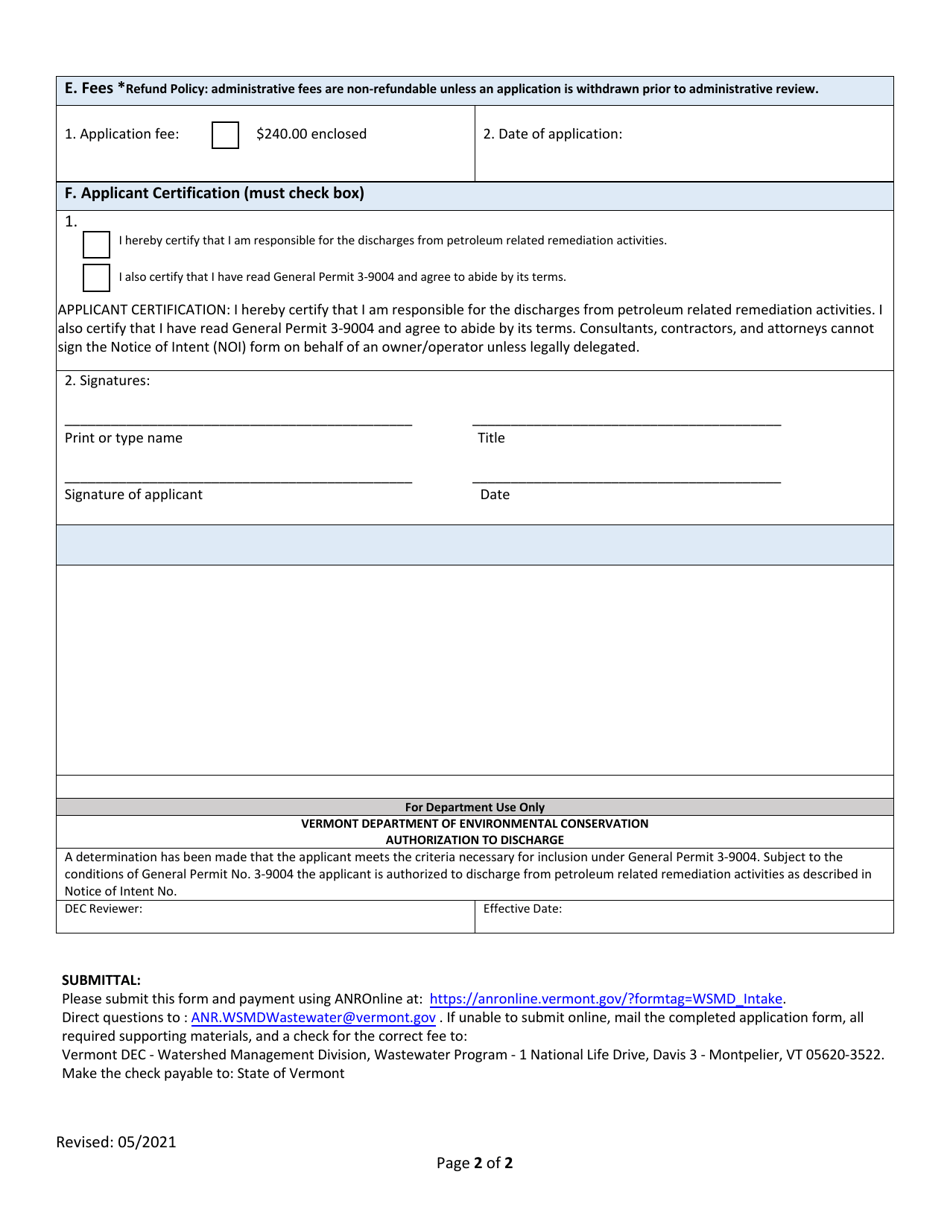 Notice of Intent for Discharges From Petroleum Related Remediation Activities Subject to General Permit No. 3-9004 - Vermont, Page 2