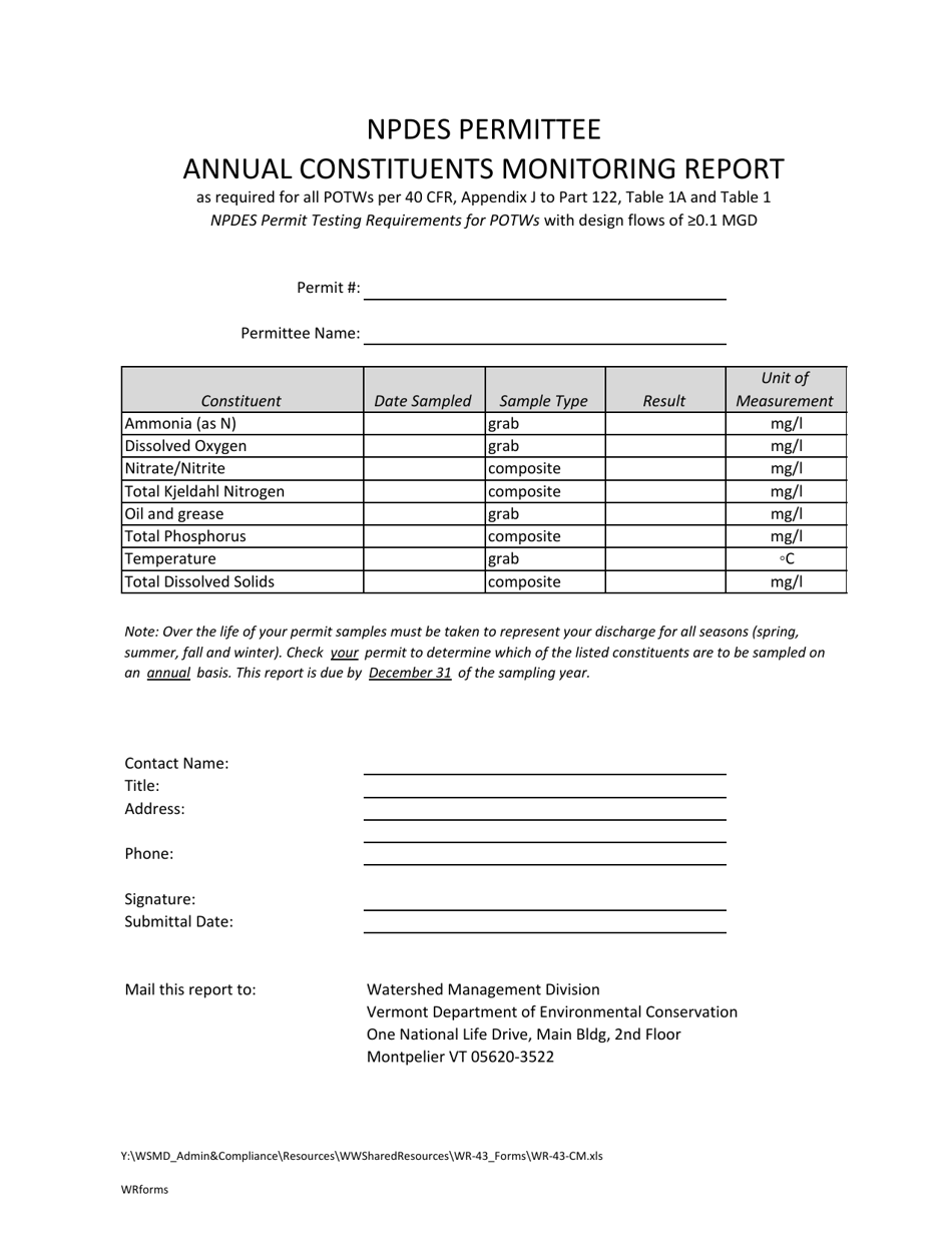 Form WR-43-CM Constituents Monitoring Report Form for Potws - Vermont, Page 1