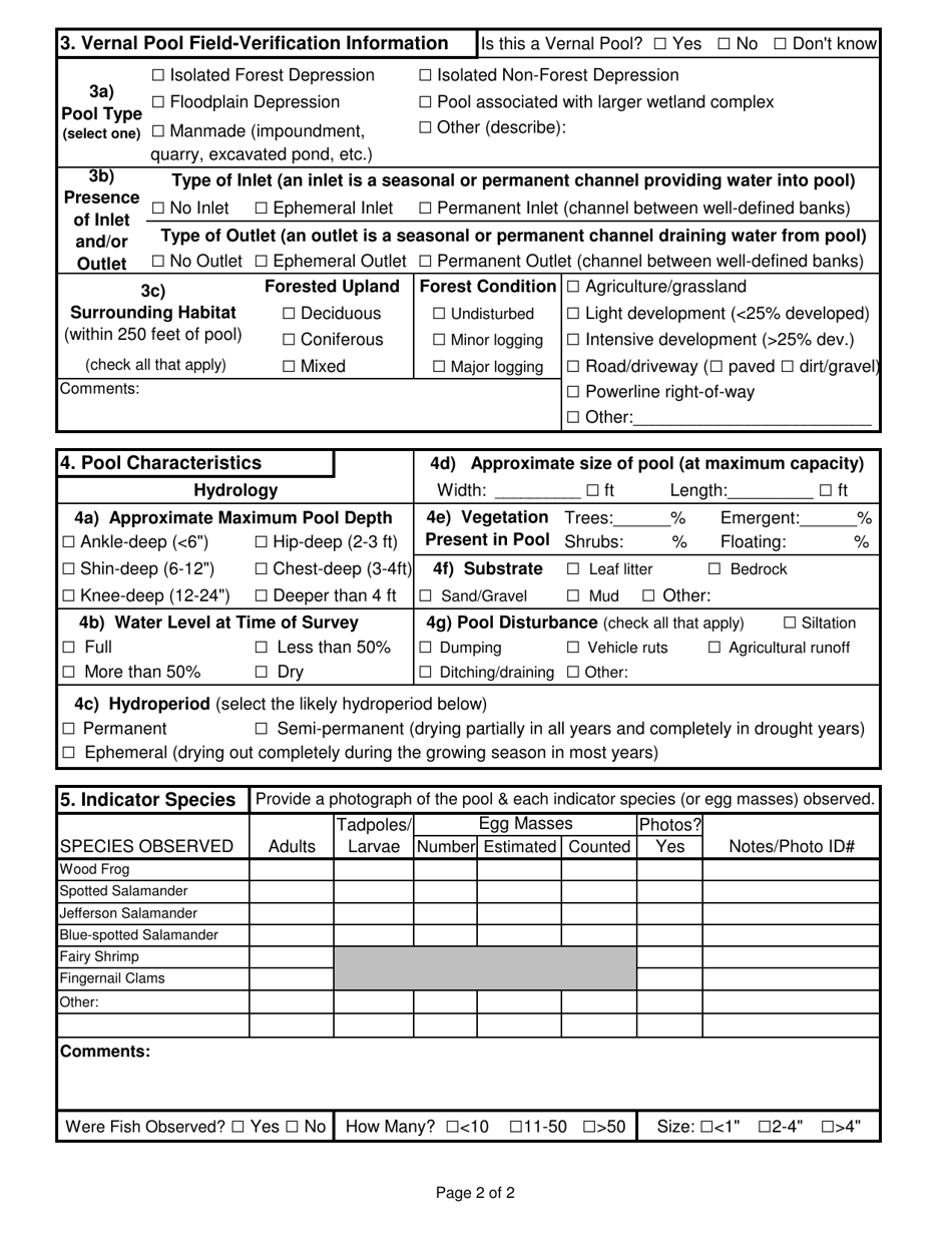Vernal Pool Field-Verification Data Sheet - Vermont, Page 2