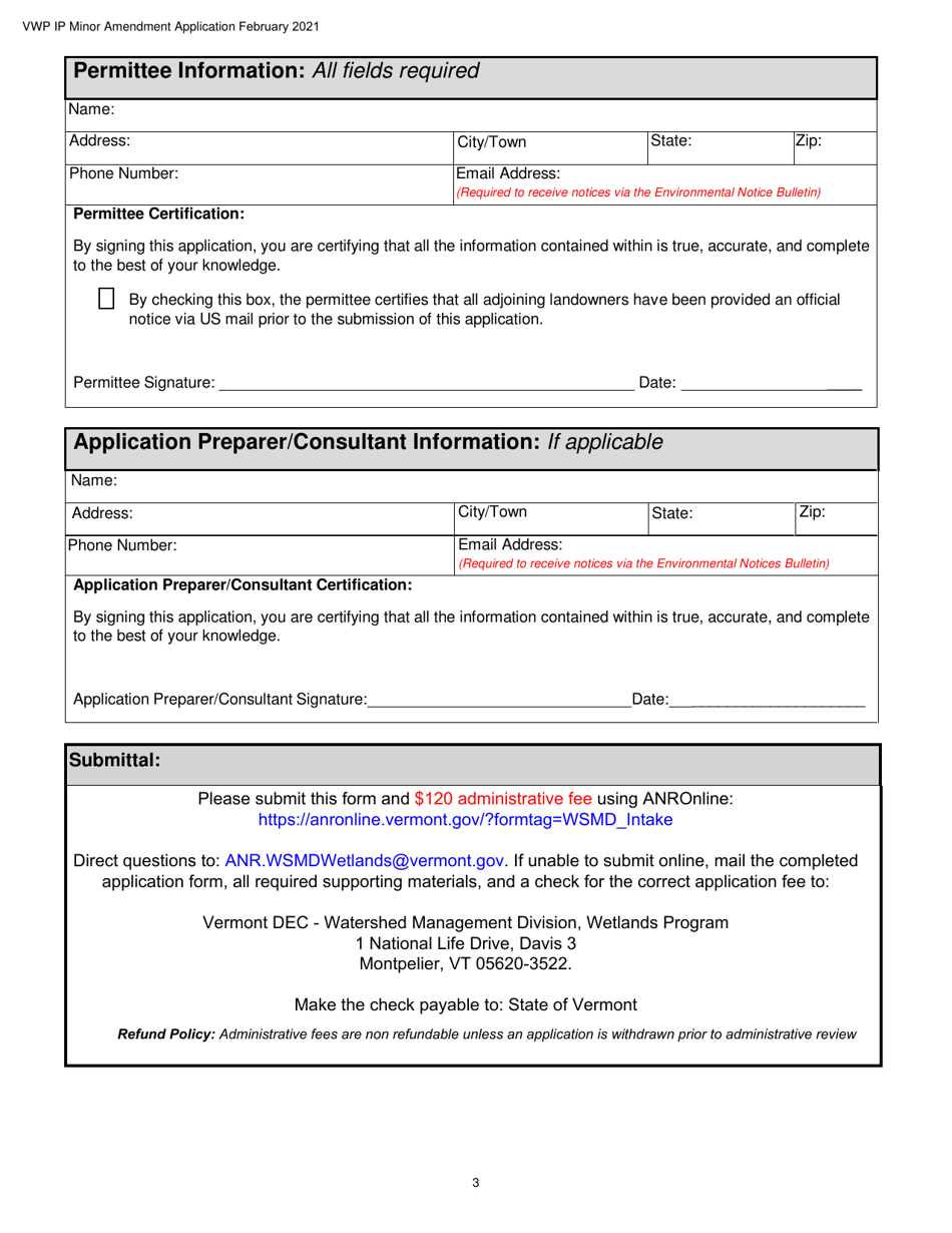 Minor Amendment Application - Vermont Wetlands Program - Vermont, Page 3