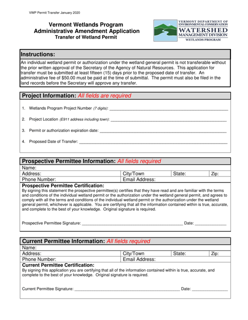 Administrative Amendment Application - Transfer of Wetland Permit - Vermont Wetlands Program - Vermont Download Pdf