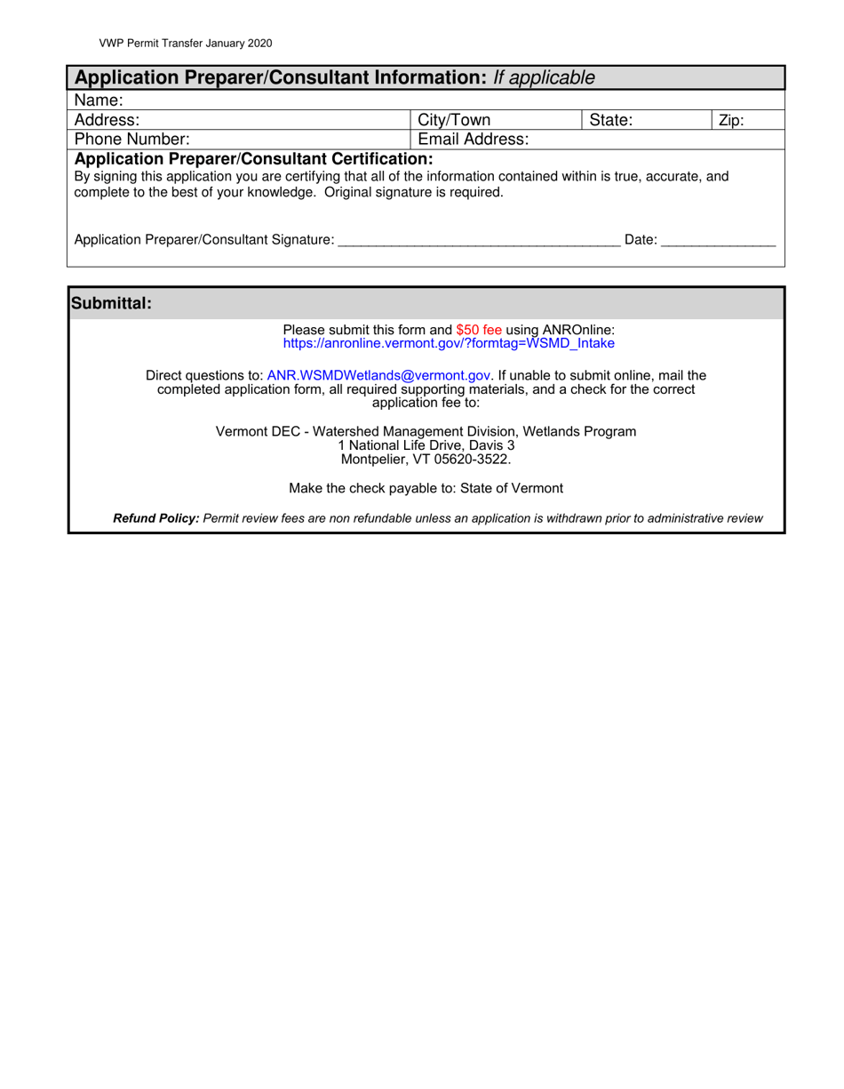 Administrative Amendment Application - Transfer of Wetland Permit - Vermont Wetlands Program - Vermont, Page 2