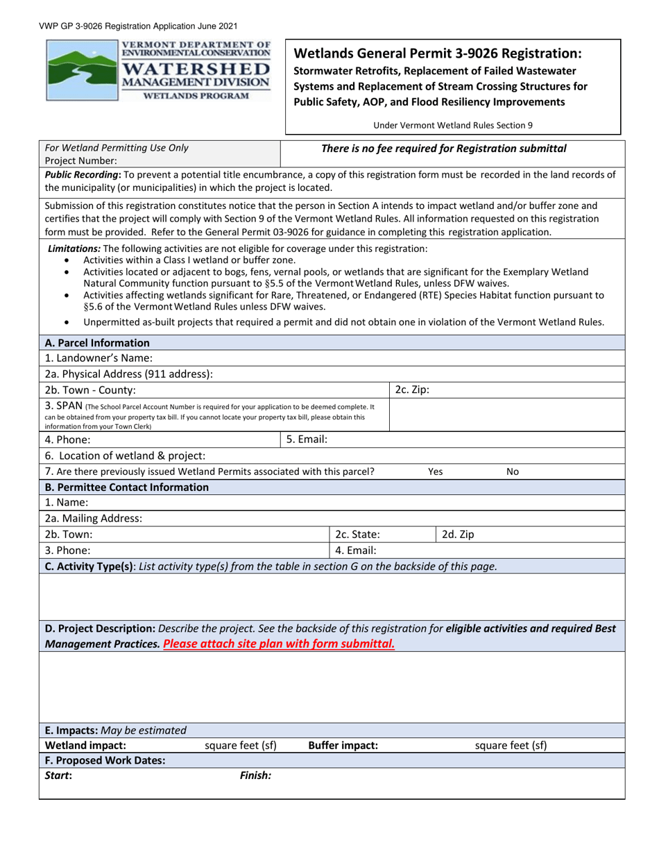 Wetlands General Permit 3-9026 Registration - Stormwater Retrofits, Replacement of Failed Wastewater Systems and Replacement of Stream Crossing Structures for Public Safety, Aop, and Flood Resiliency Improvements - Vermont, Page 1