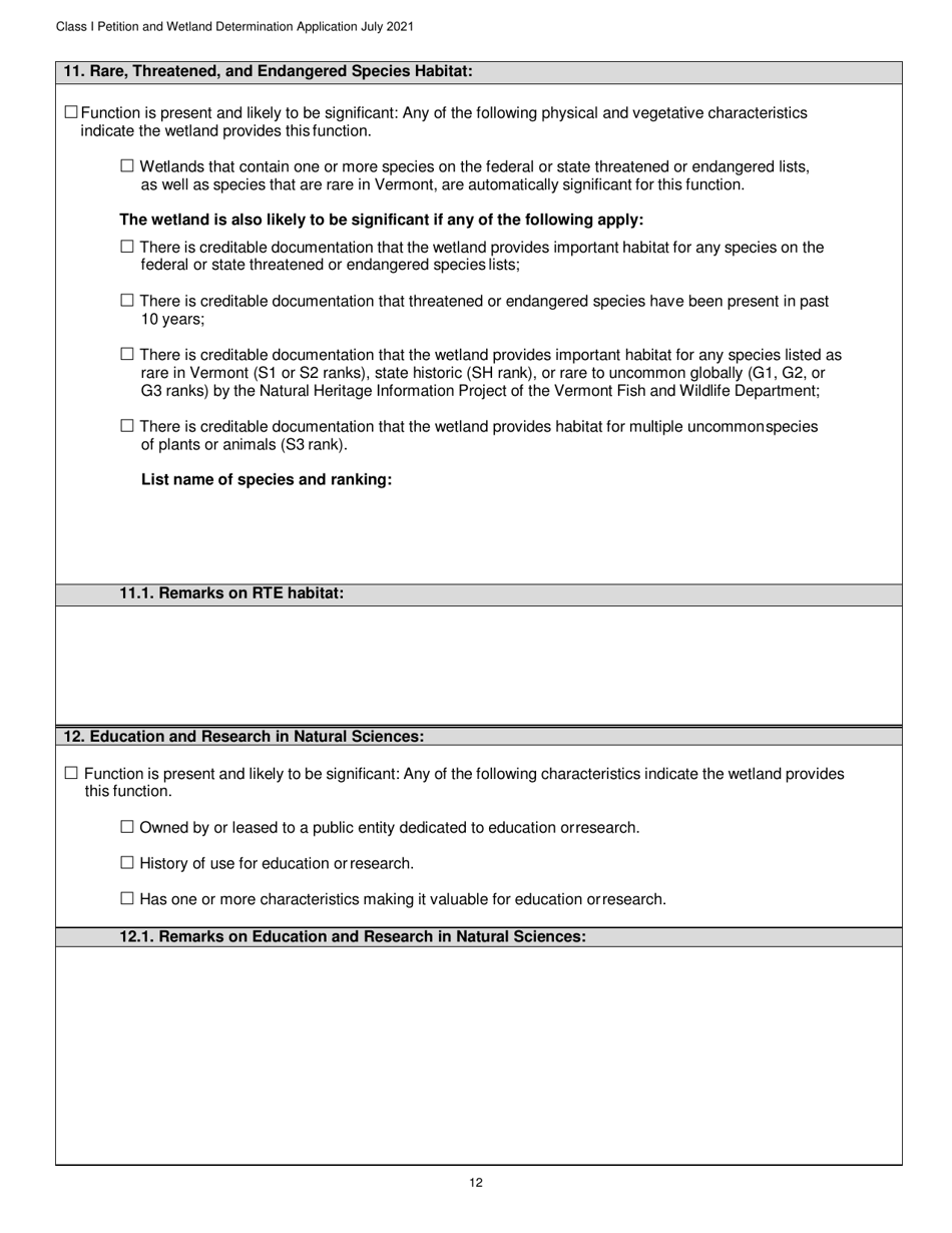 Determination and Class I Rulemaking Petition Database Form - Vermont Wetlands Program - Vermont, Page 12