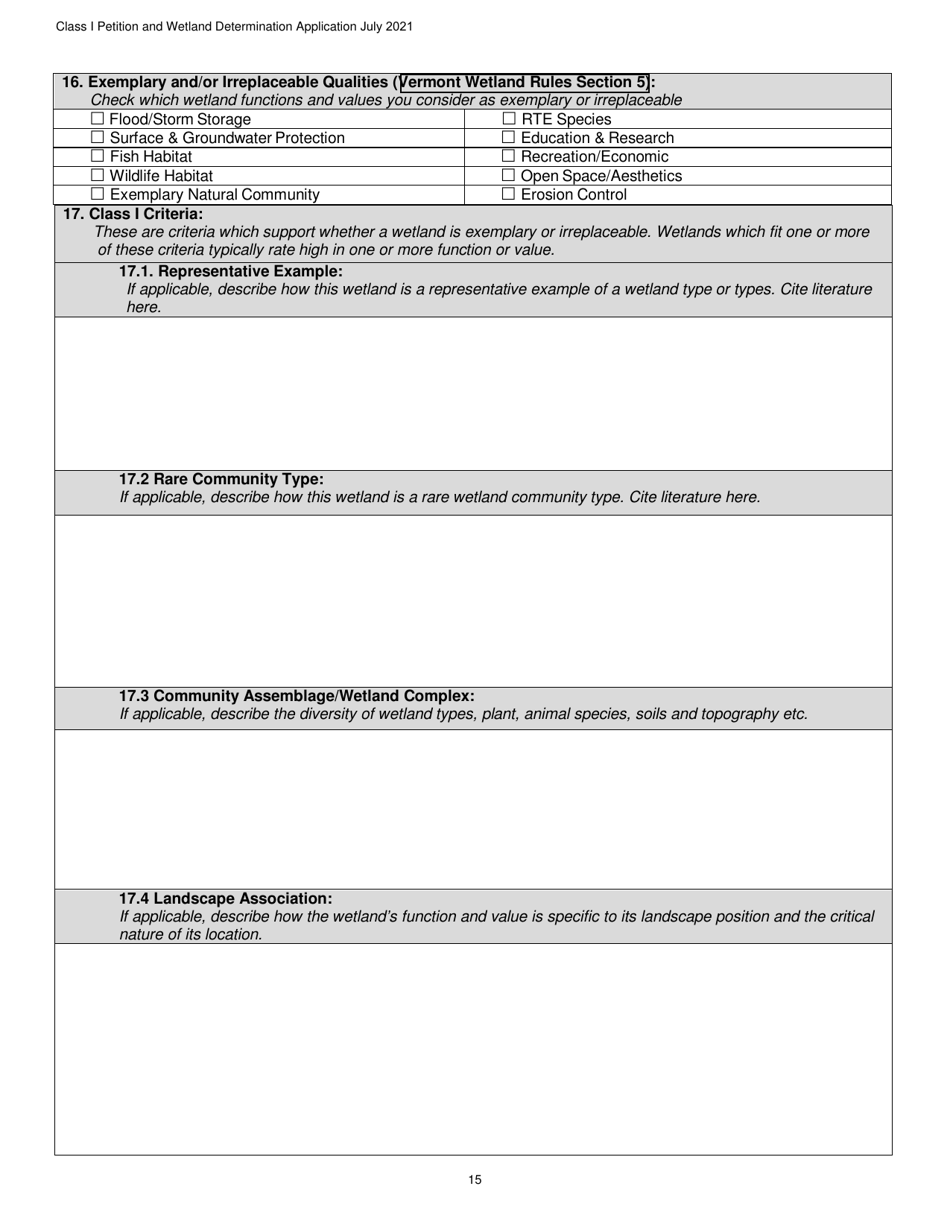 Determination and Class I Rulemaking Petition Database Form - Vermont Wetlands Program - Vermont, Page 15