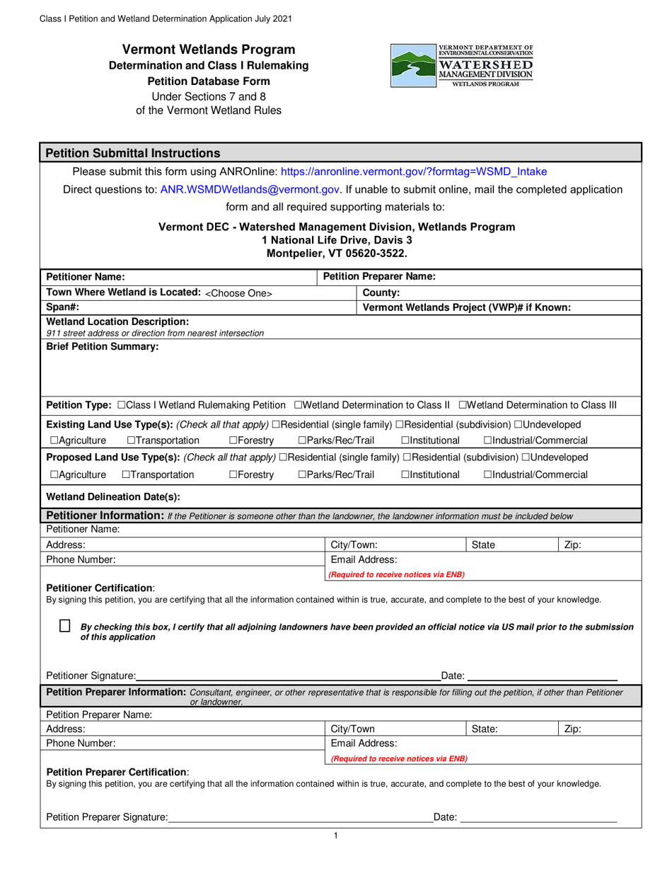 Determination and Class I Rulemaking Petition Database Form - Vermont Wetlands Program - Vermont, Page 1