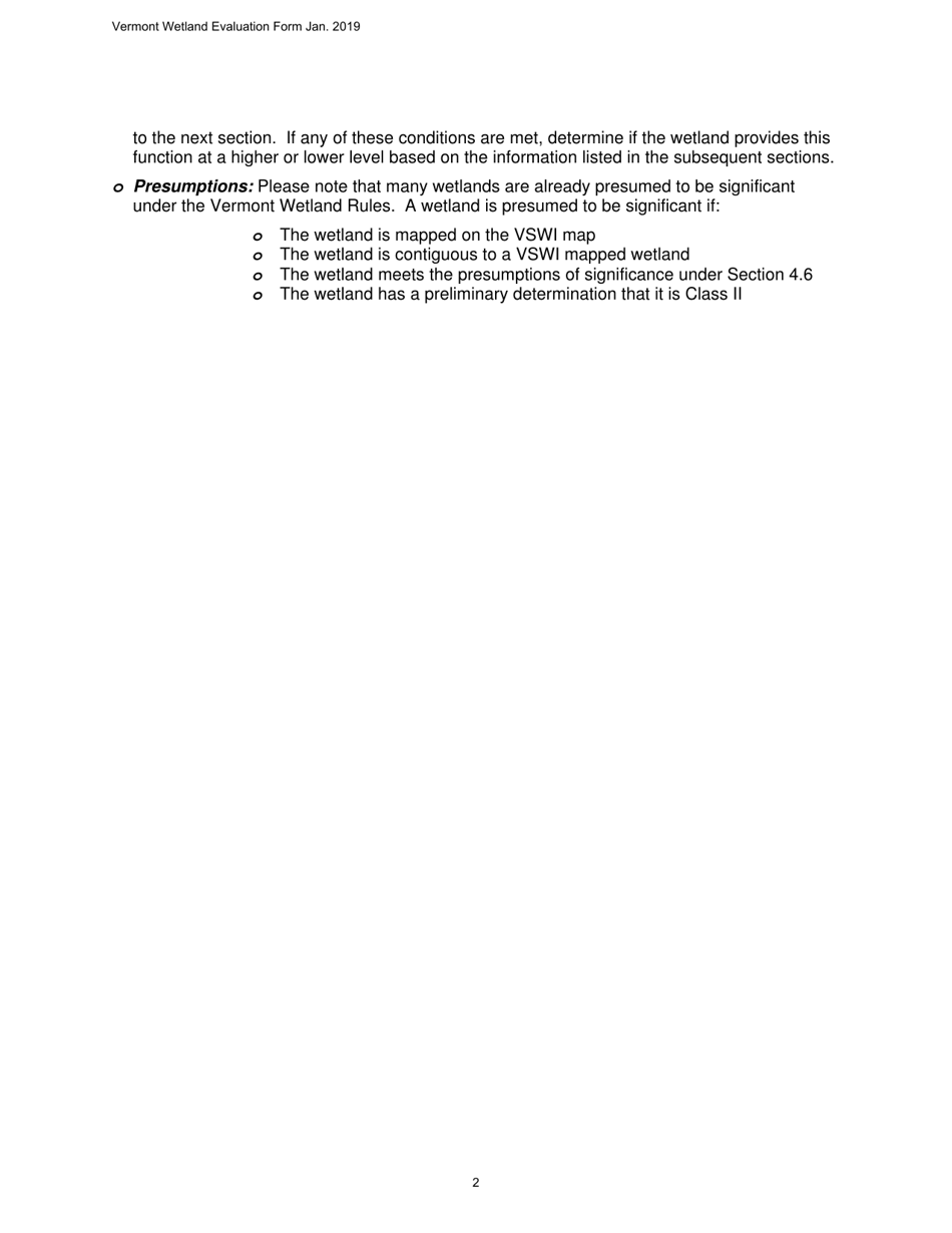 Vermont Wetland Evaluation Form - Vermont, Page 2