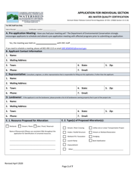 Document preview: Application for Individual Section - 401 Water Quality Certification - Vermont