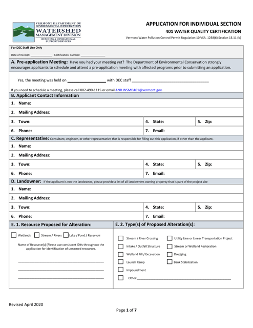 Application for Individual Section - 401 Water Quality Certification - Vermont