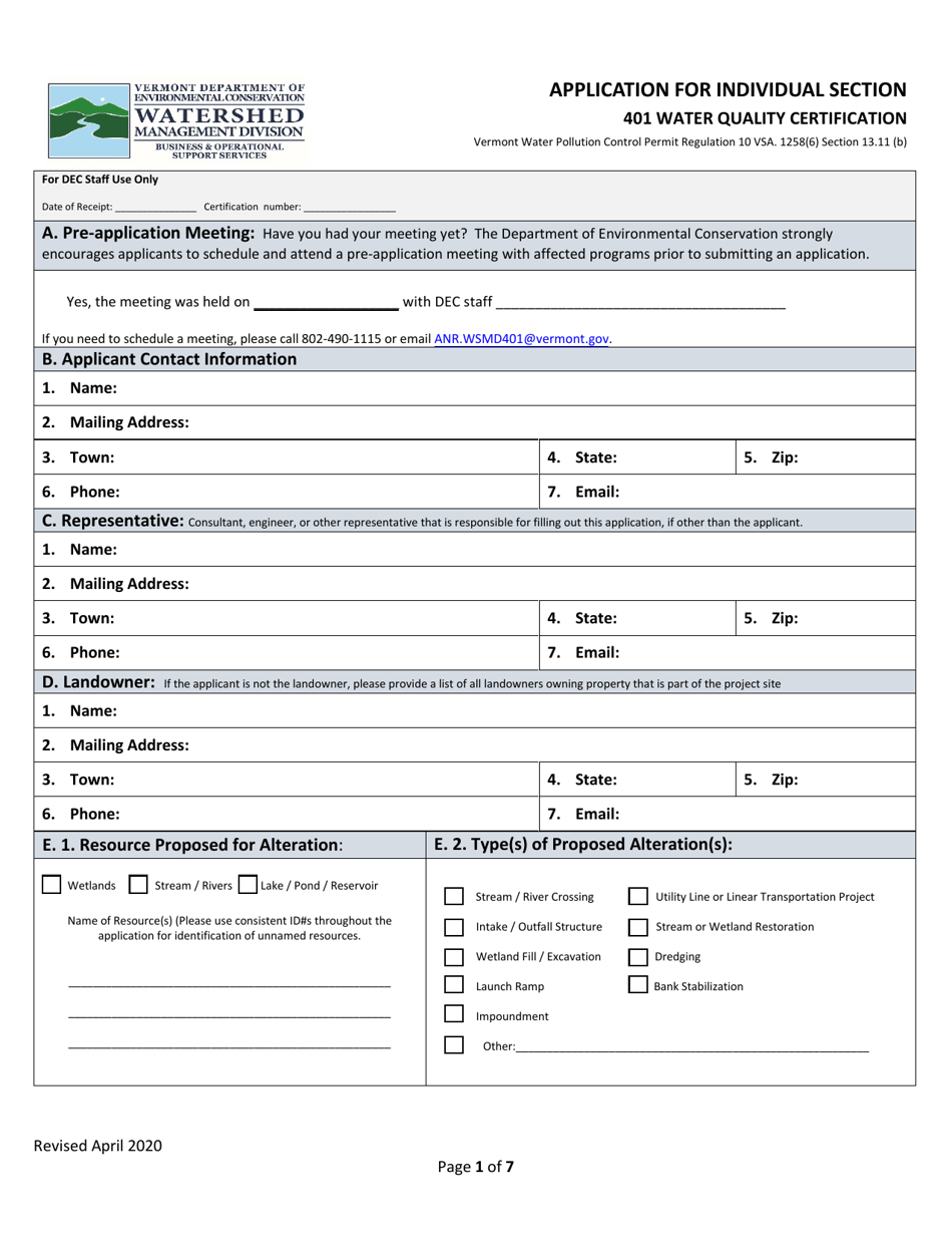Application for Individual Section - 401 Water Quality Certification - Vermont, Page 1