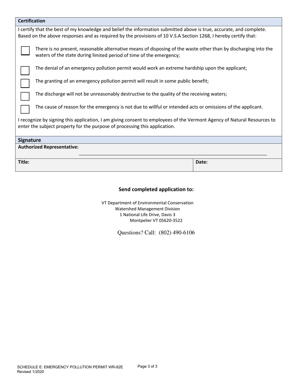 Form WR-82E Schedule E Emergency Pollution Permit - Vermont, Page 3