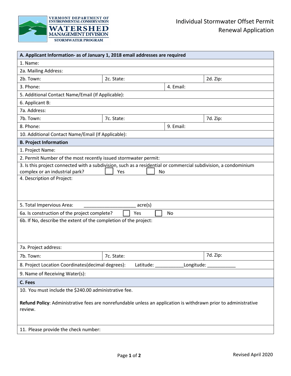 Vermont Individual Stormwater Offset Permit Renewal Application - Fill ...