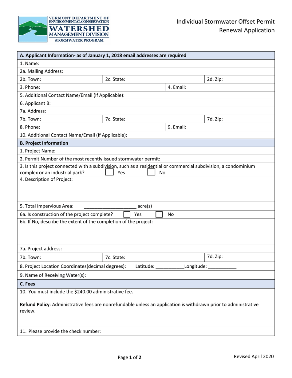 Individual Stormwater Offset Permit Renewal Application - Vermont, Page 1