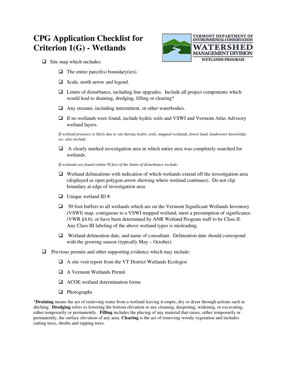 Cpg Application Checklist for Criterion 1(G) - Wetlands - Vermont, Page 1