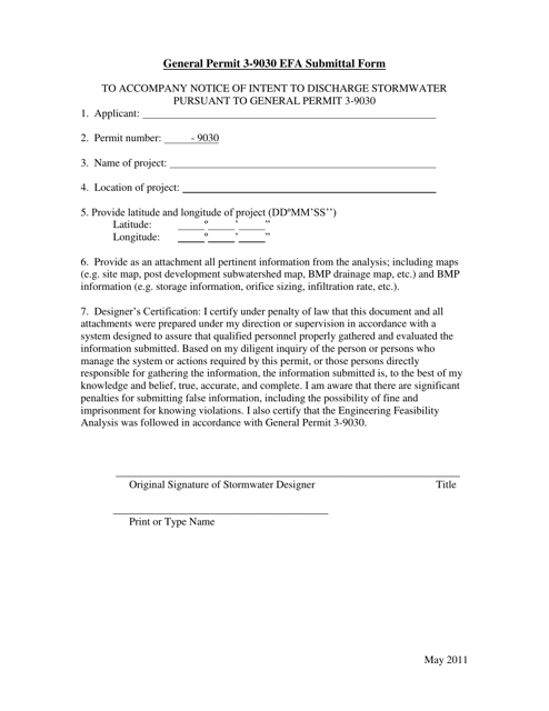 General Permit 3-9030 Efa Submittal Form - Vermont Download Pdf