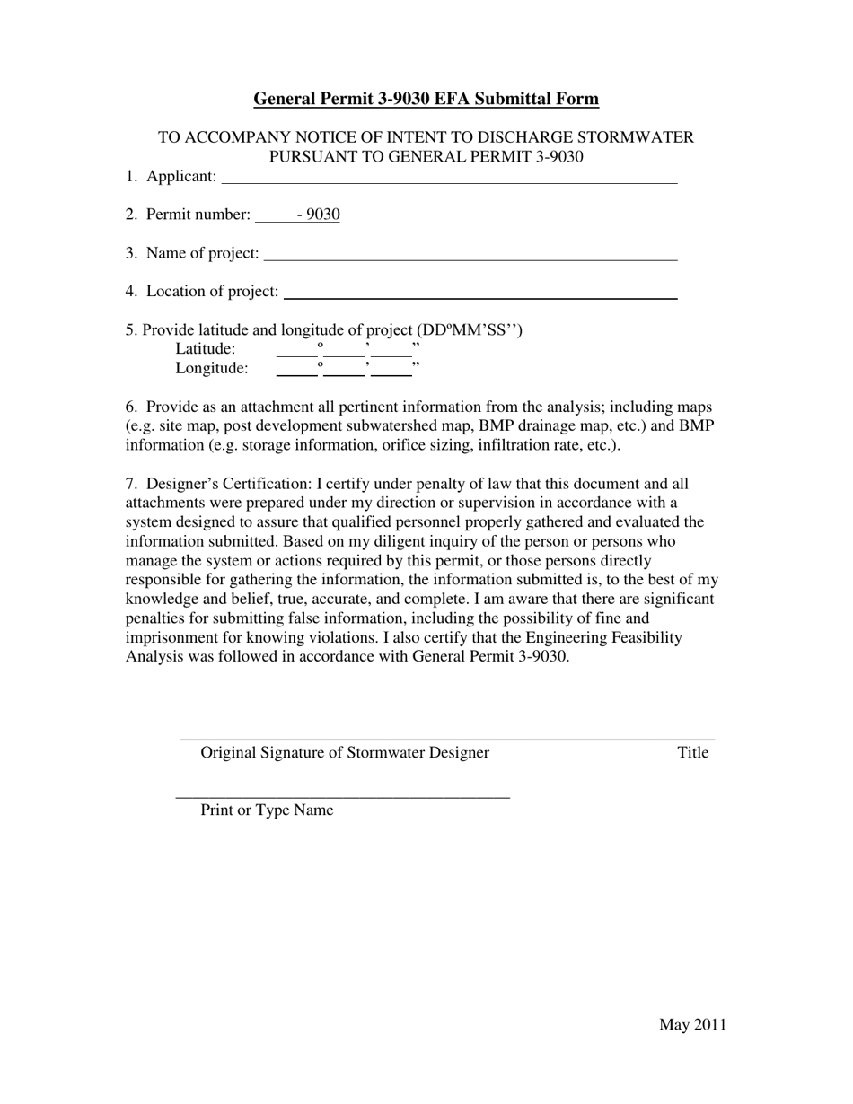General Permit 3-9030 Efa Submittal Form - Vermont, Page 1