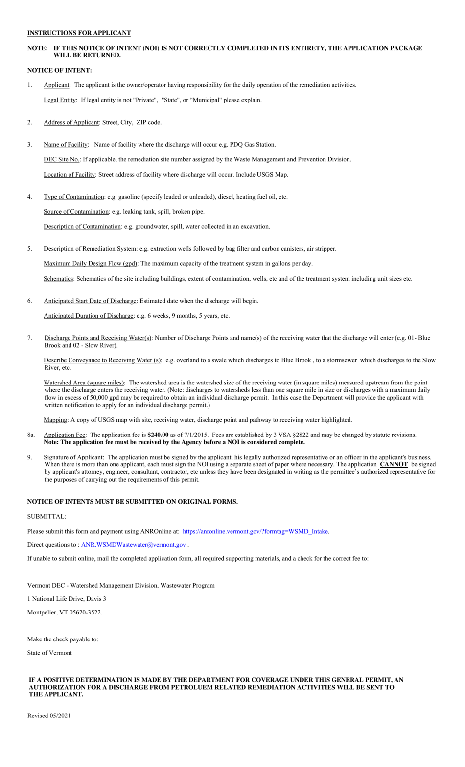 Instructions for Notice of Intent for Discharges From Petroleum Related Remediation Activities Subject to General Permit No. 3-9004 - Vermont, Page 1