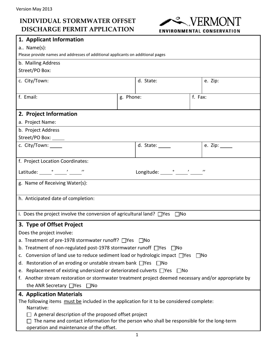 Individual Stormwater Offset Discharge Permit Application - Vermont, Page 1