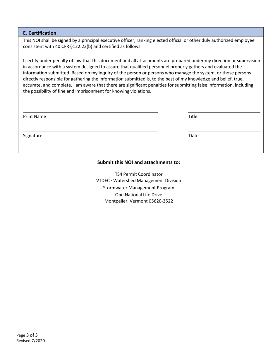Notice of Intent (Noi) - Amendment for Stormwater Discharges From the State Transportation Separate Storm Sewer System (Ts4) General Permit 3-9007 - Vermont, Page 3