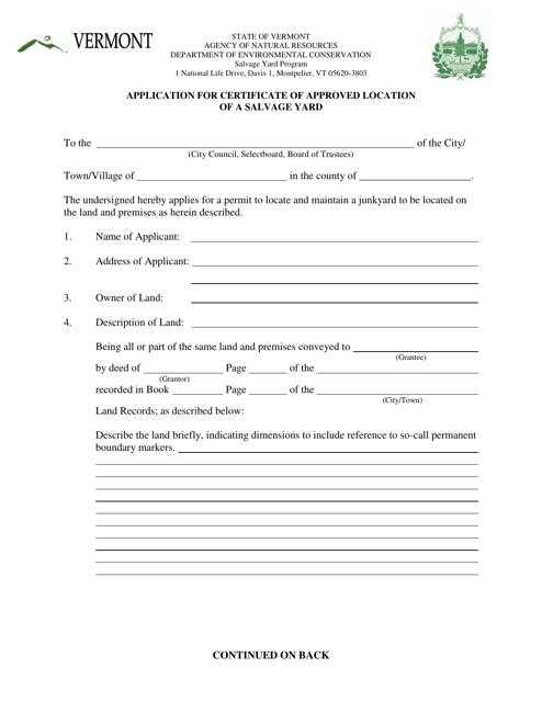 Application for Certificate of Approved Location of a Salvage Yard - Vermont Download Pdf