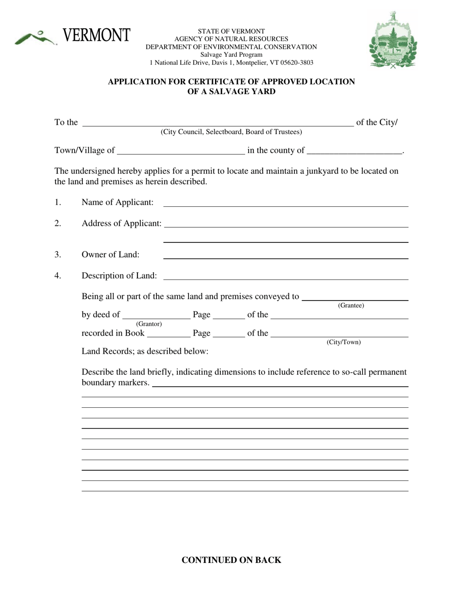 Application for Certificate of Approved Location of a Salvage Yard - Vermont, Page 1