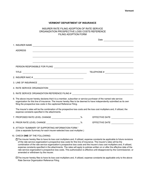 Insurer Rate Filing Adoption of Rate Service Organization Prospective Loss Costs Reference Filing Adoption Form - Vermont Download Pdf