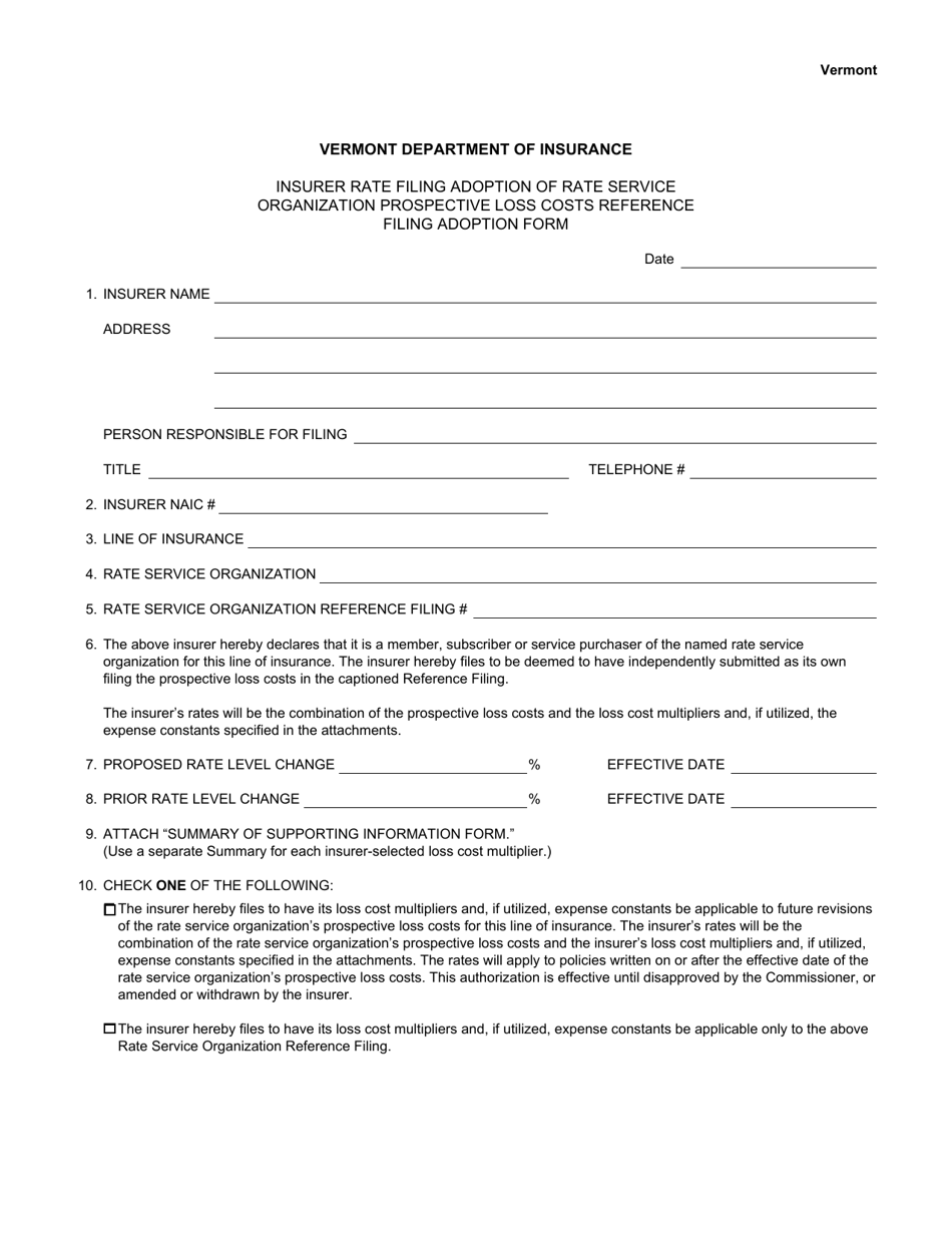 Insurer Rate Filing Adoption of Rate Service Organization Prospective Loss Costs Reference Filing Adoption Form - Vermont, Page 1