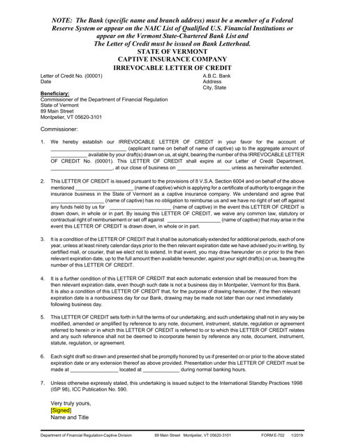 Form E-702 Irrevocable Letter of Credit - Captive Insurance Company - Vermont