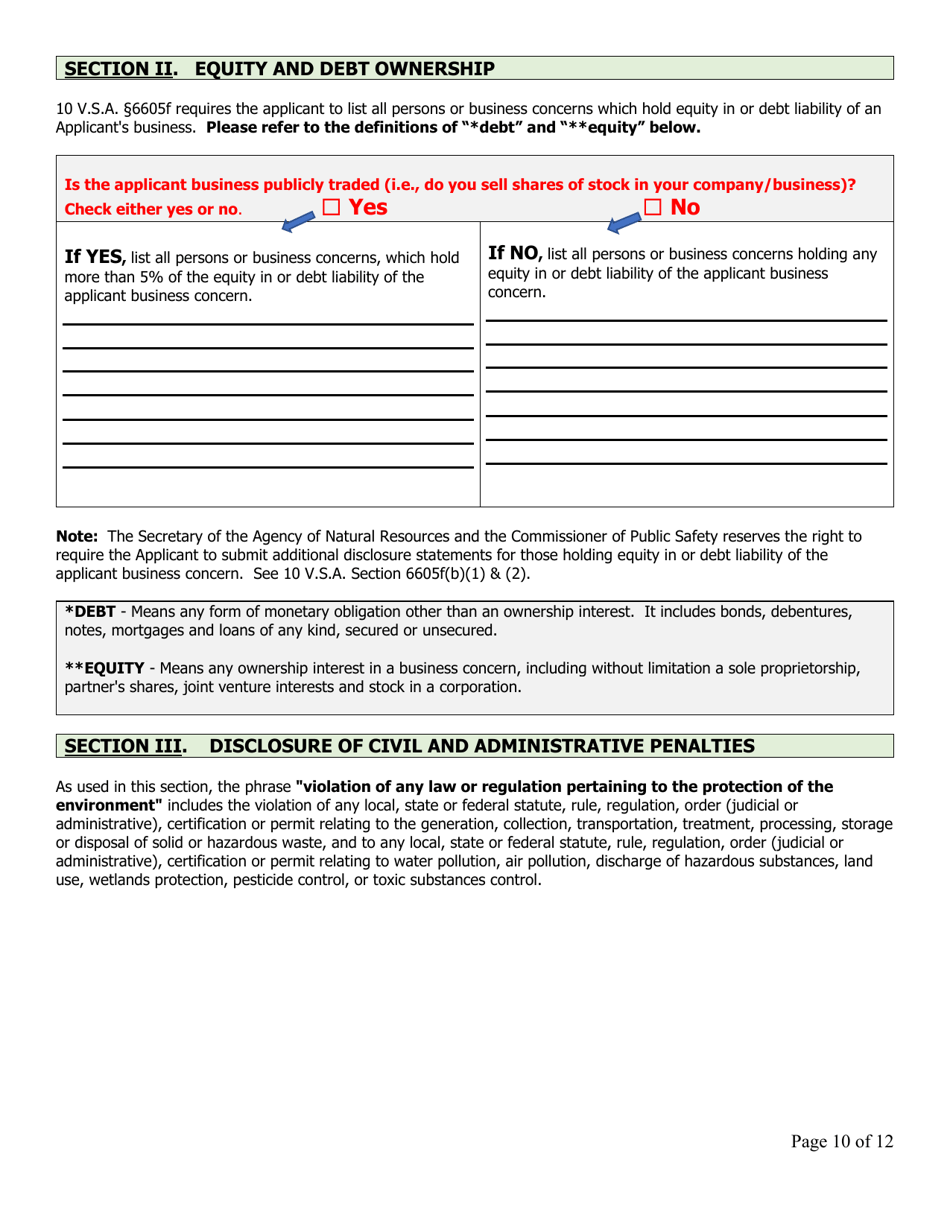 Business Disclosure Statement for Certification and Hauler Applications - Vermont, Page 10