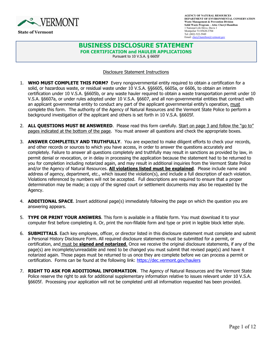Business Disclosure Statement for Certification and Hauler Applications - Vermont, Page 1