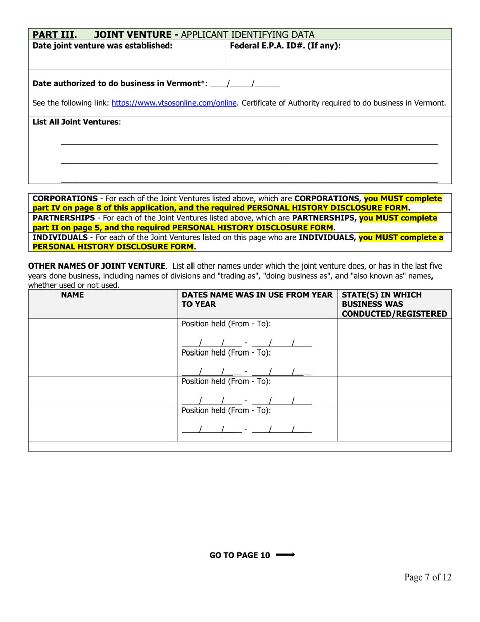 Business Disclosure Statement for Certification and Hauler Applications - Vermont, Page 7