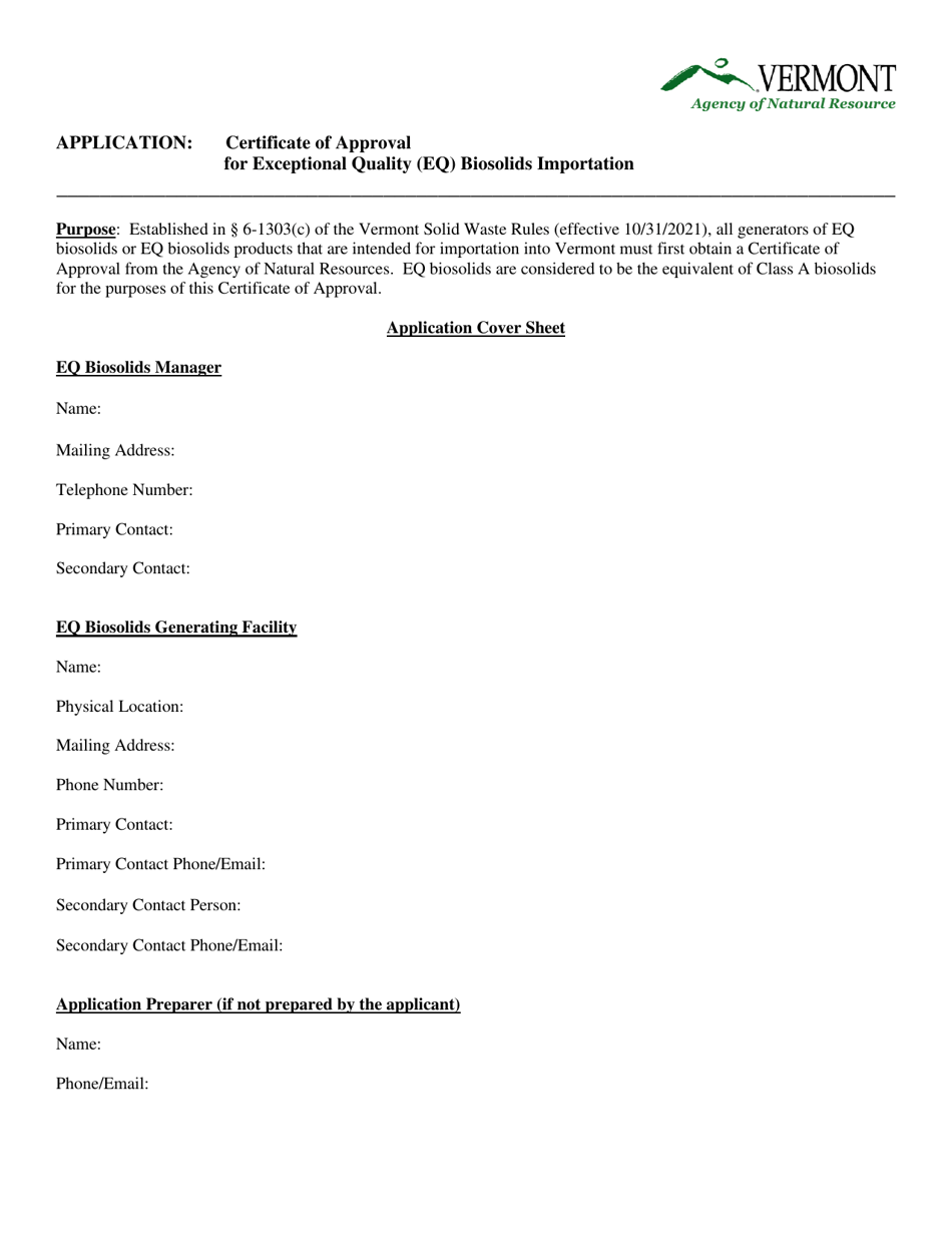 Certificate of Approval for Exceptional Quality (Eq) Biosolids Importation - Vermont, Page 1